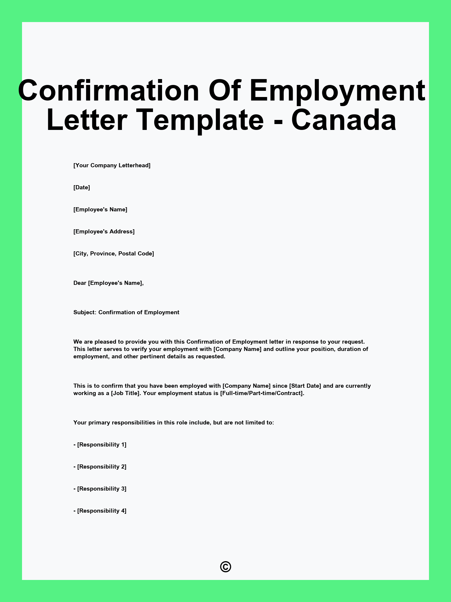 Confirmation Of Employment Letter Template - Canada