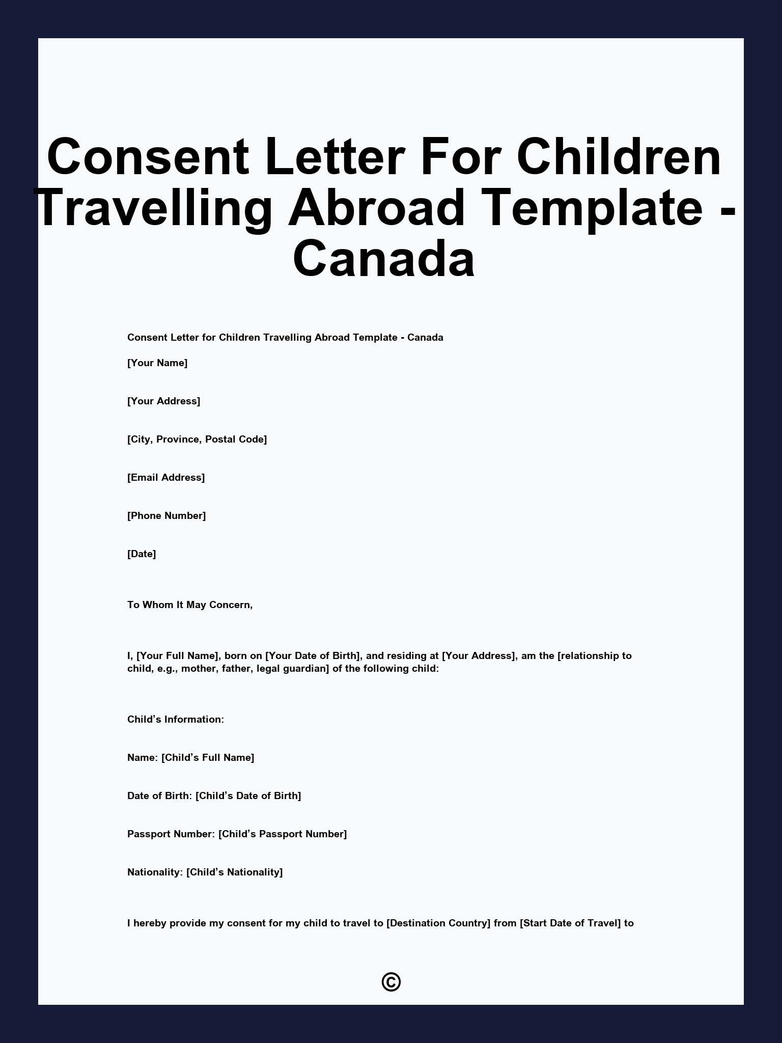 Consent Letter For Children Travelling Abroad Template - Canada