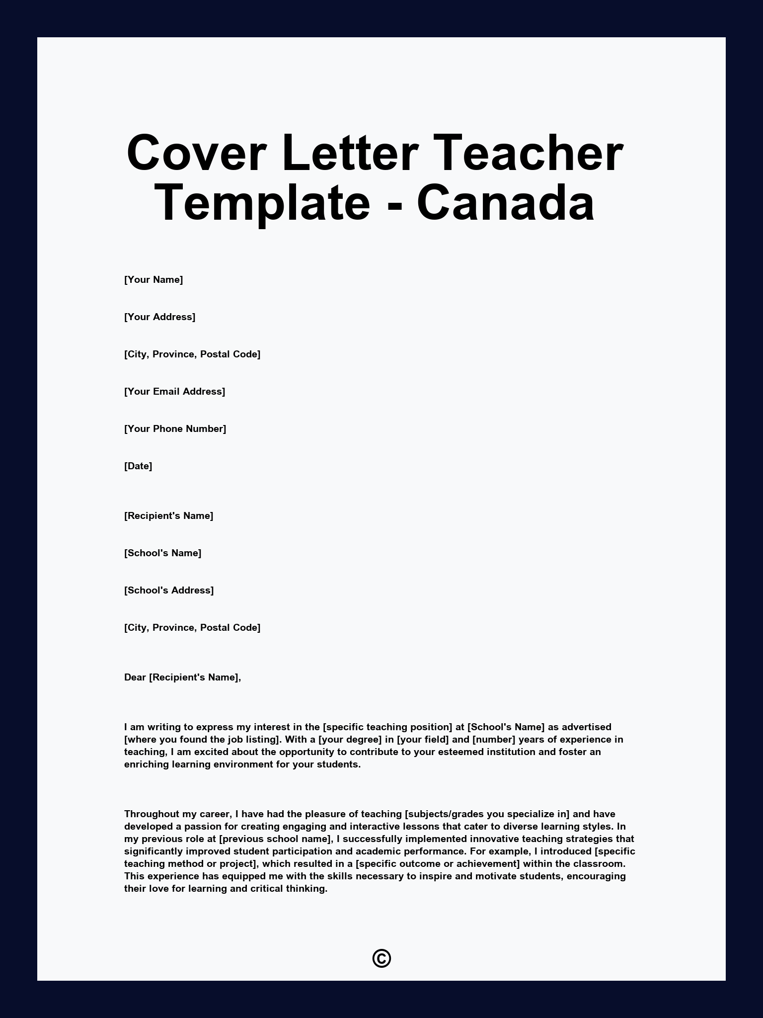 Cover Letter Teacher Template - Canada