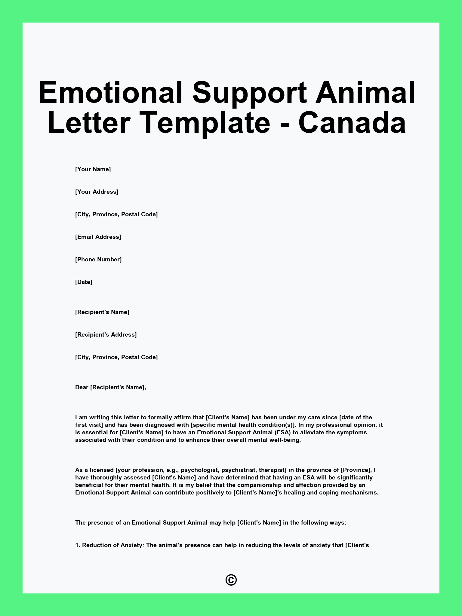 Emotional Support Animal Letter Template - Canada