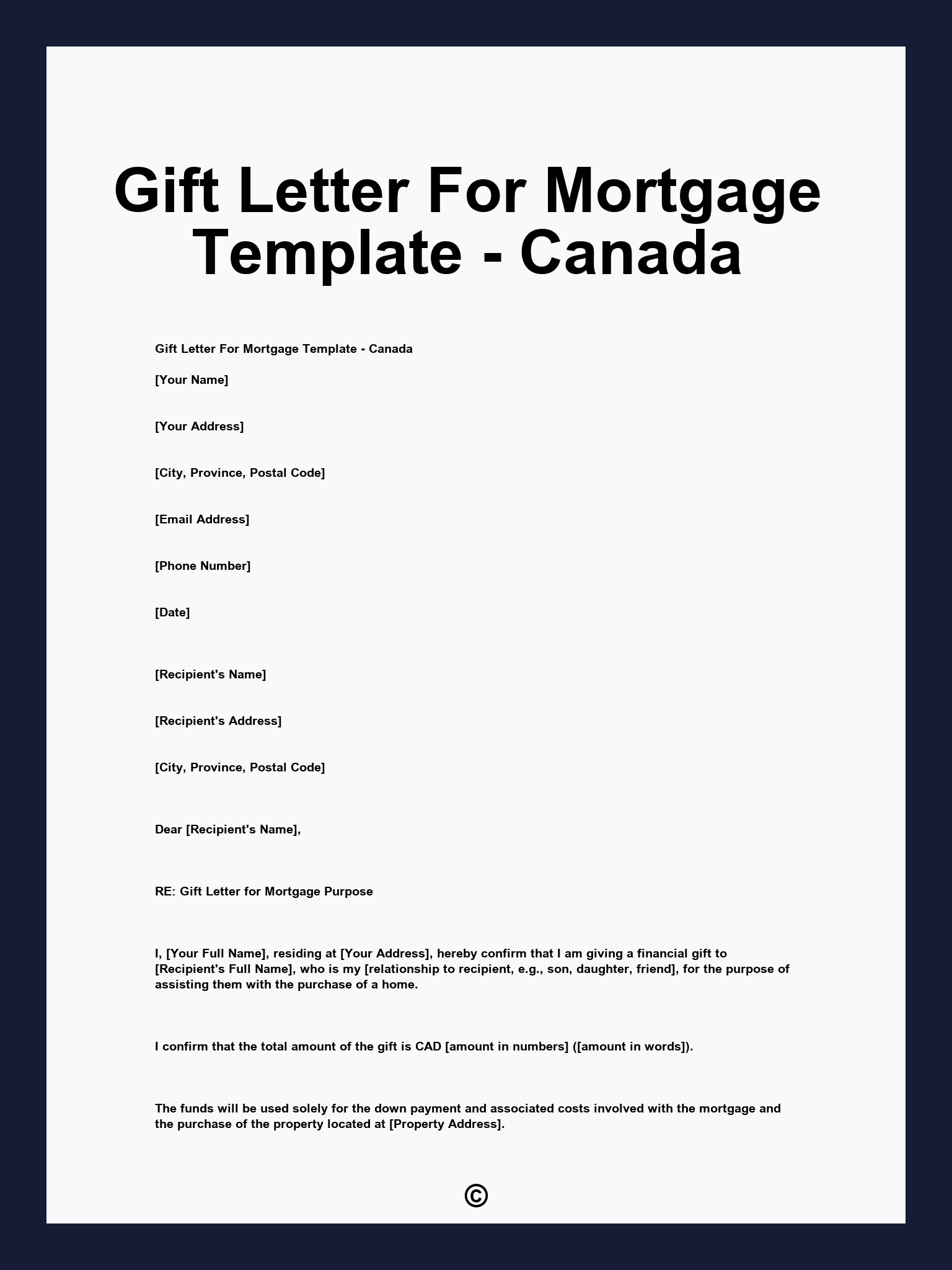 Gift Letter For Mortgage Template - Canada