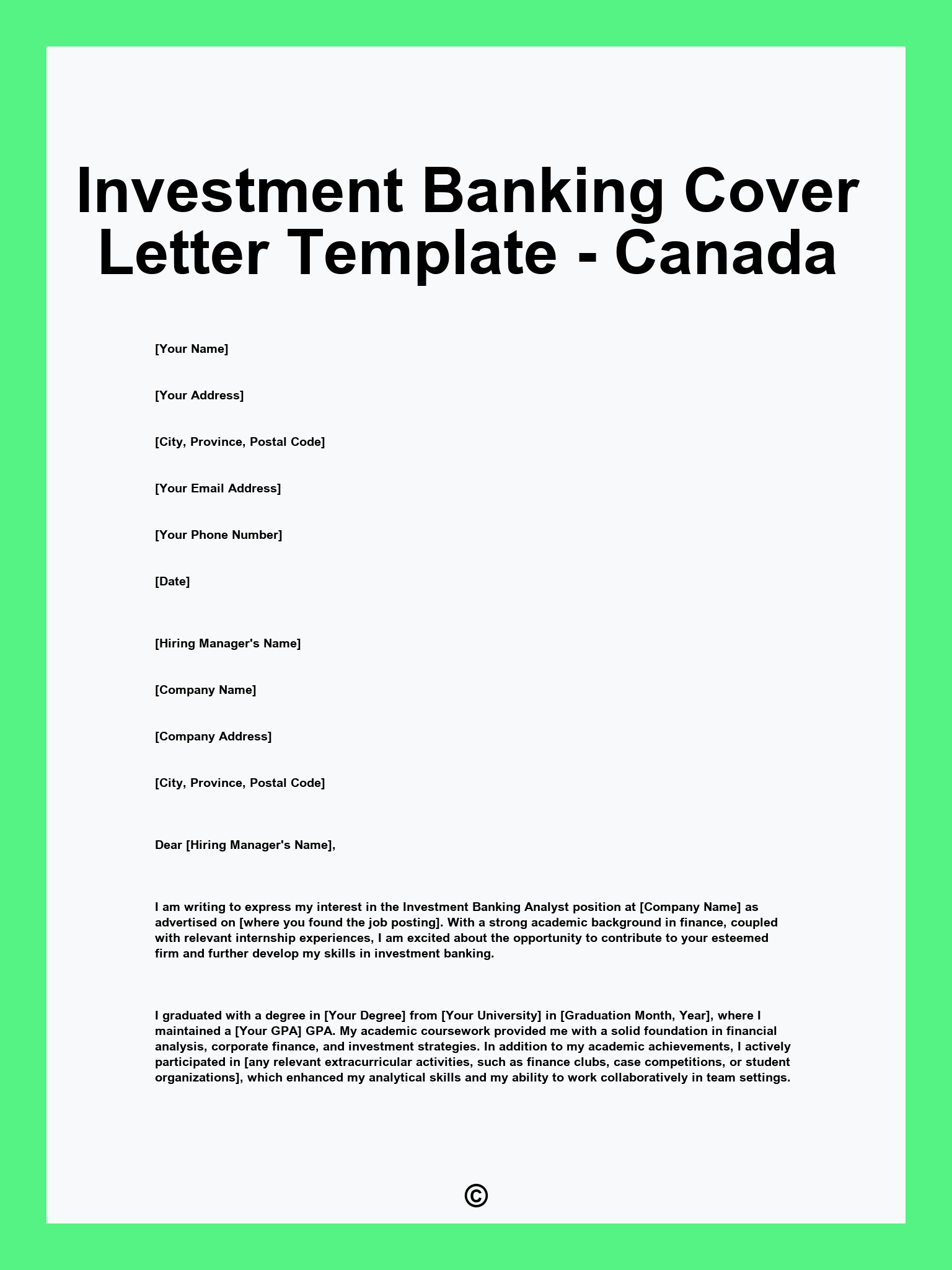 Investment Banking Cover Letter Template - Canada