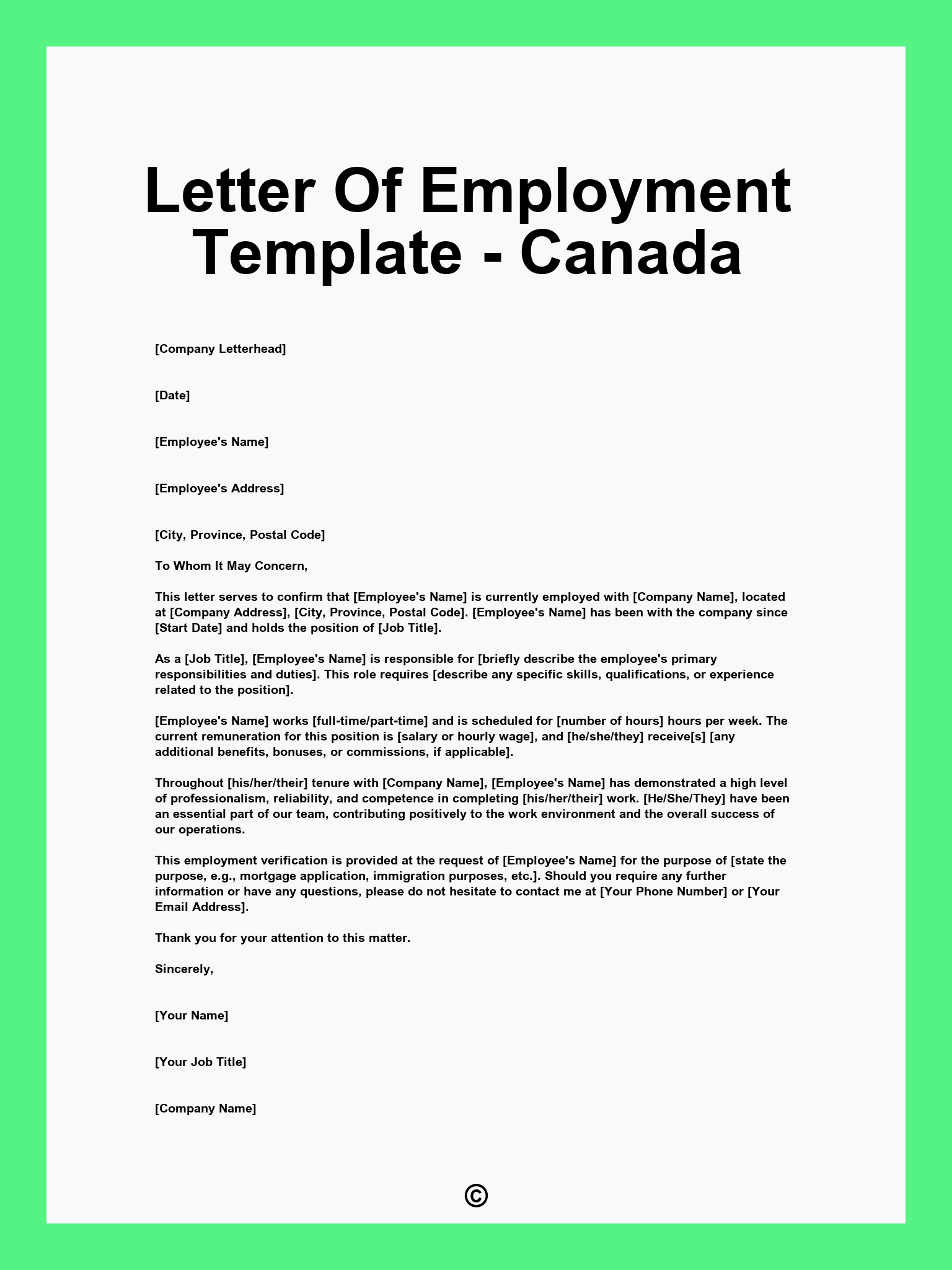 Letter Of Employment Template - Canada