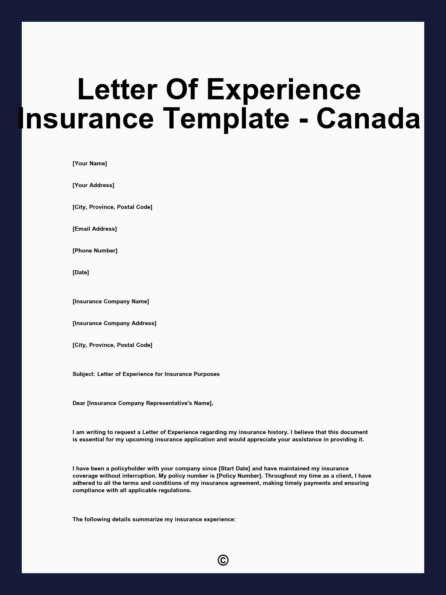 Letter Of Experience Insurance Template - Canada