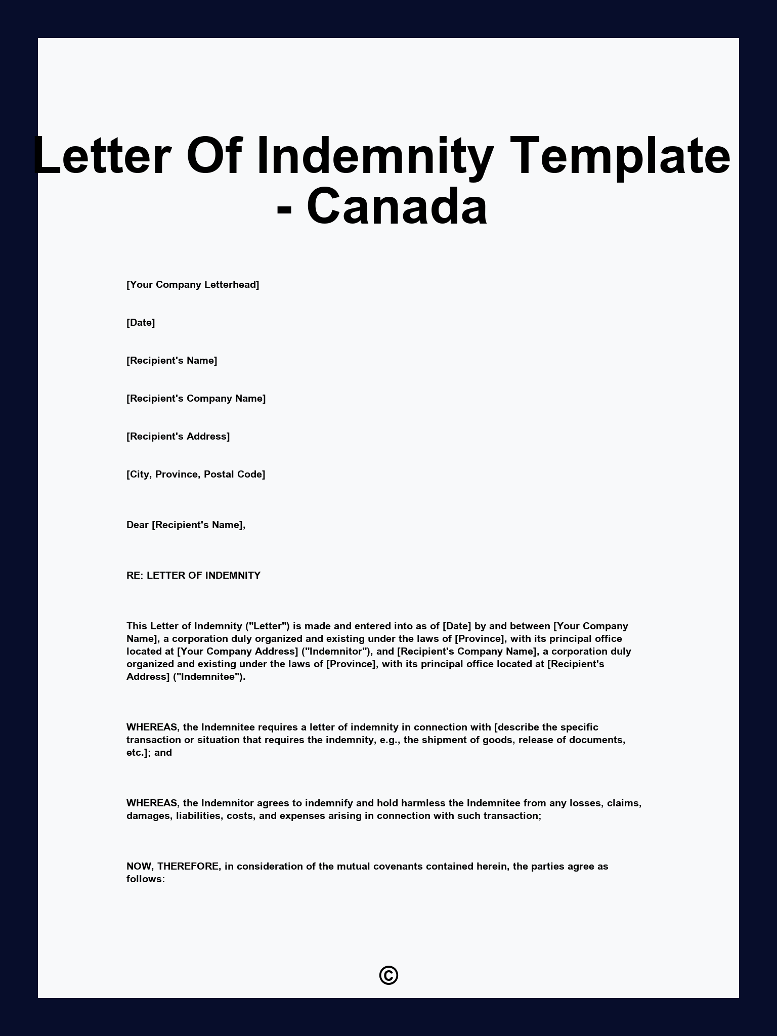 Letter Of Indemnity Template - Canada