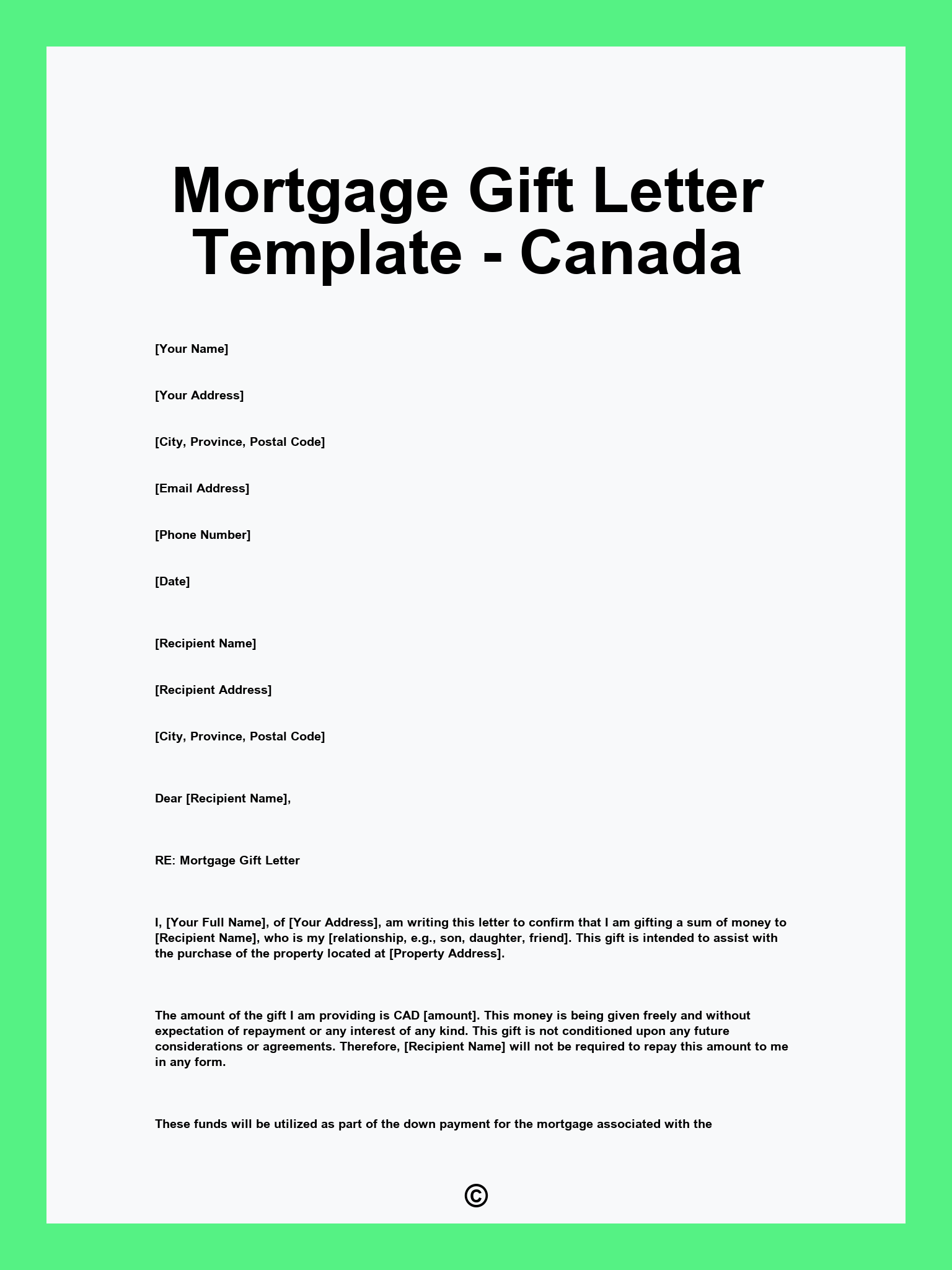 Mortgage Gift Letter Template - Canada