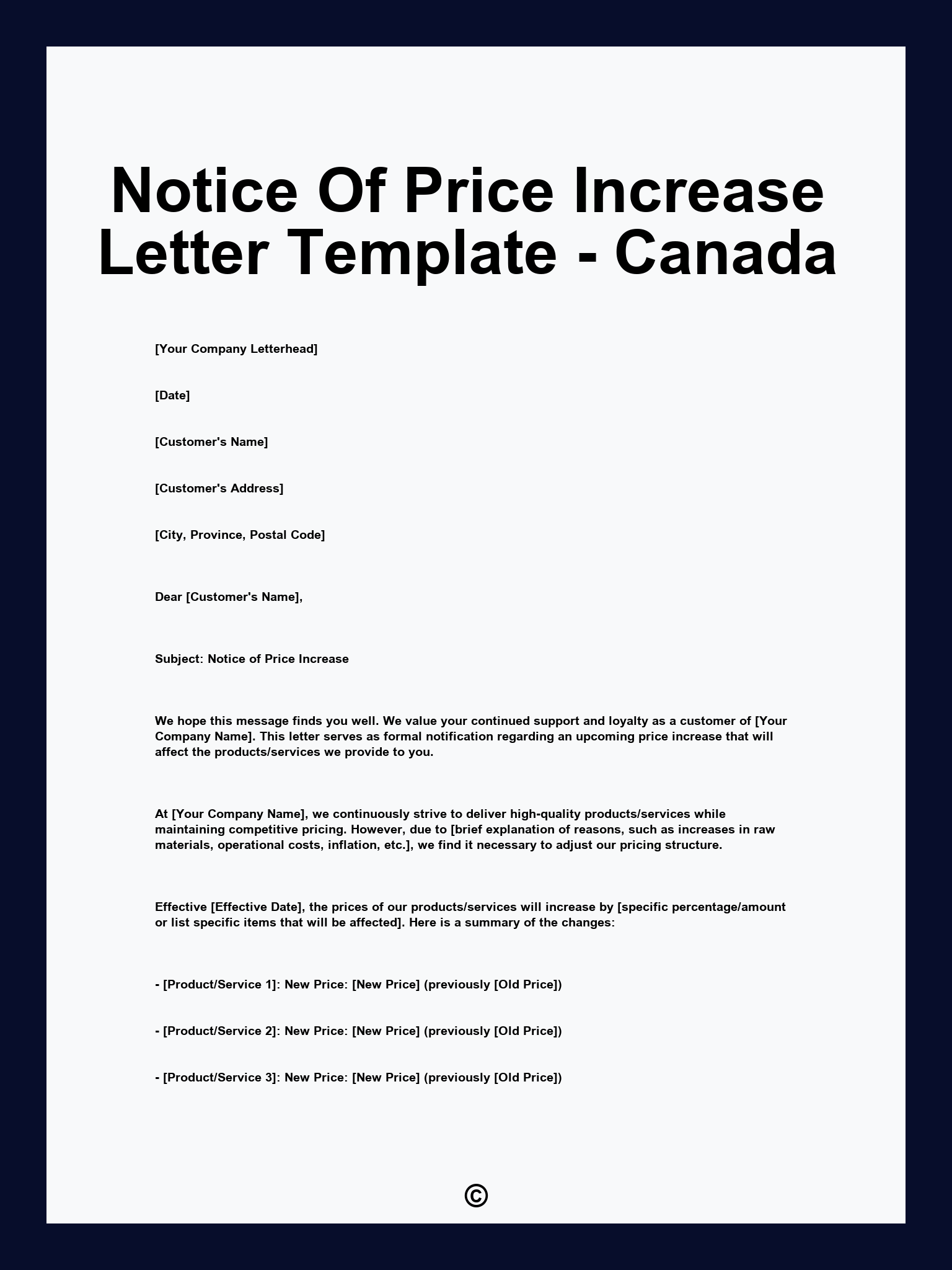 Notice Of Price Increase Letter Template - Canada