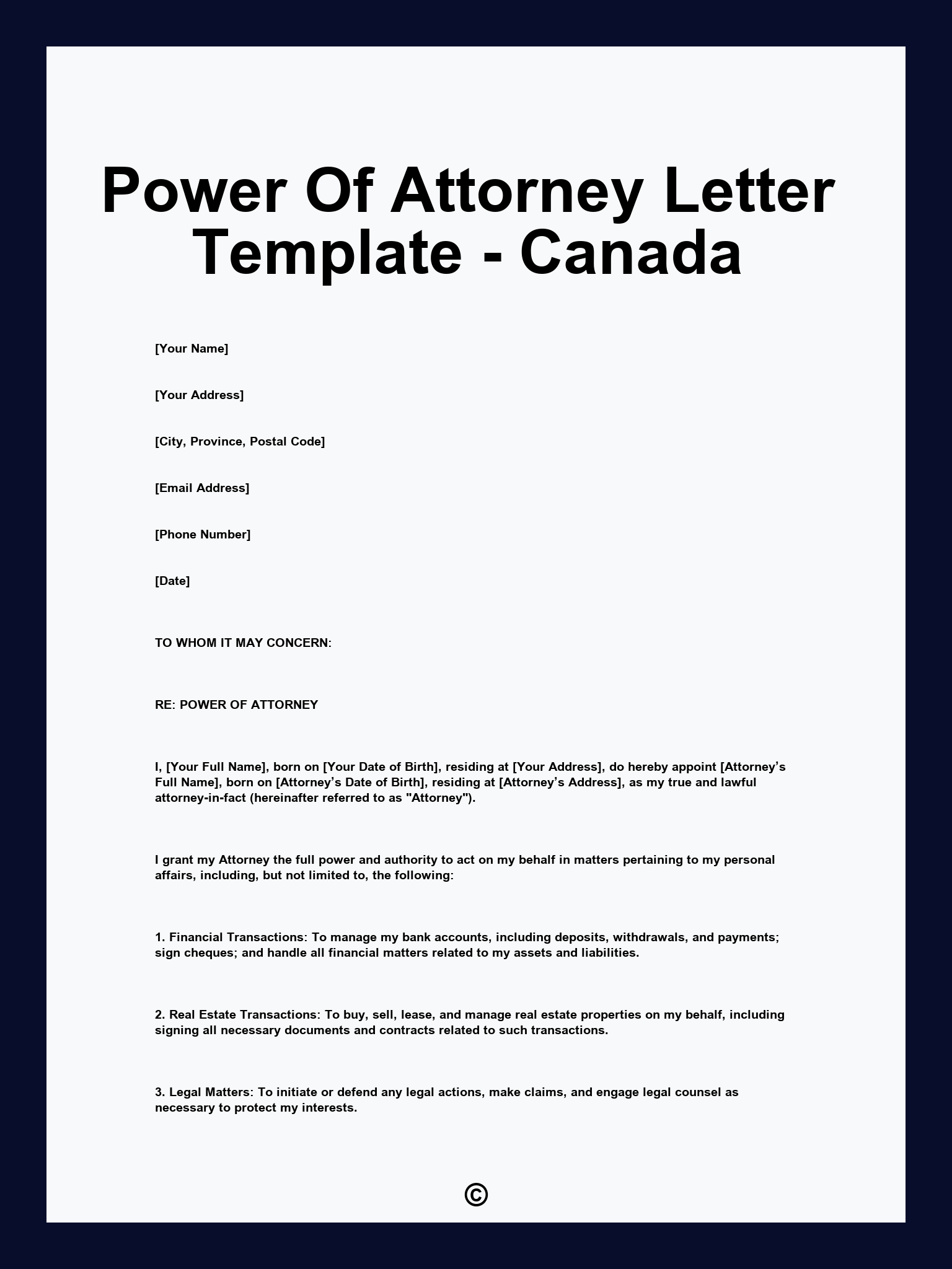 Power Of Attorney Letter Template - Canada