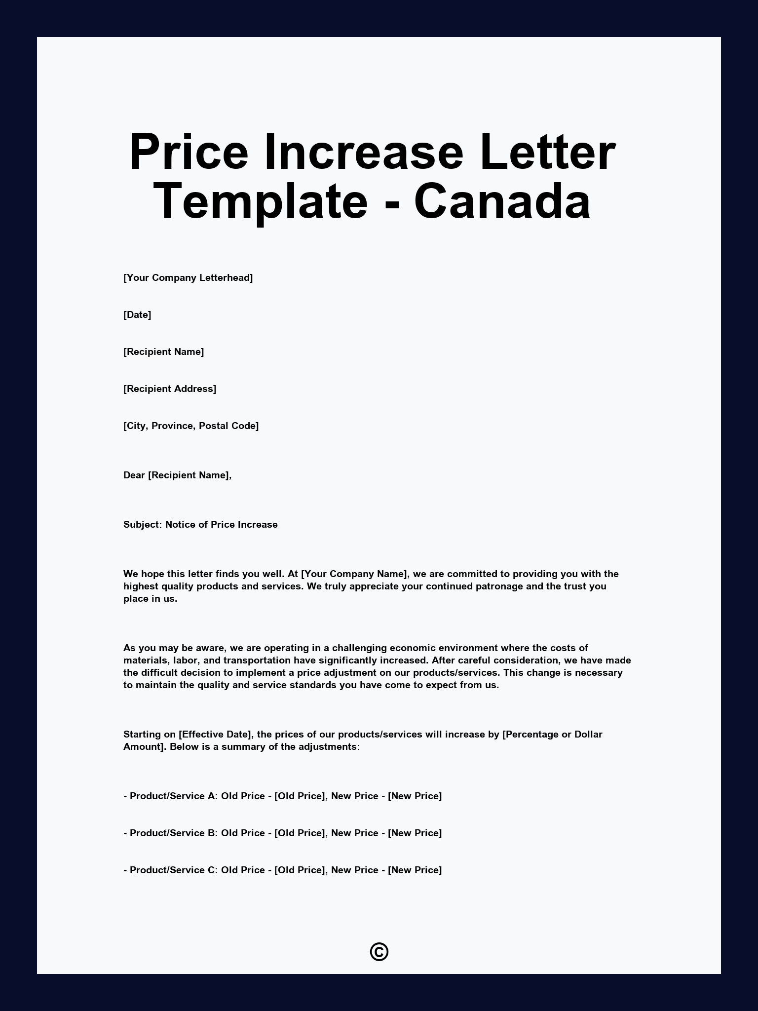 Price Increase Letter Template - Canada