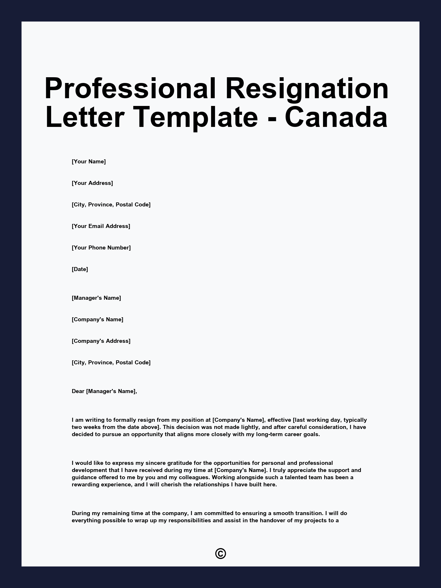 Professional Resignation Letter Template - Canada