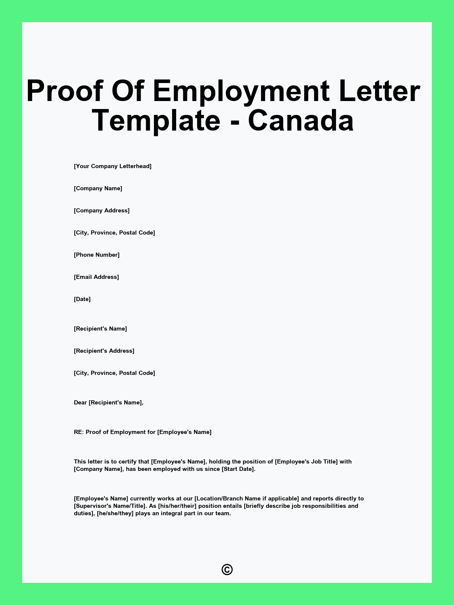Proof Of Employment Letter Template - Canada