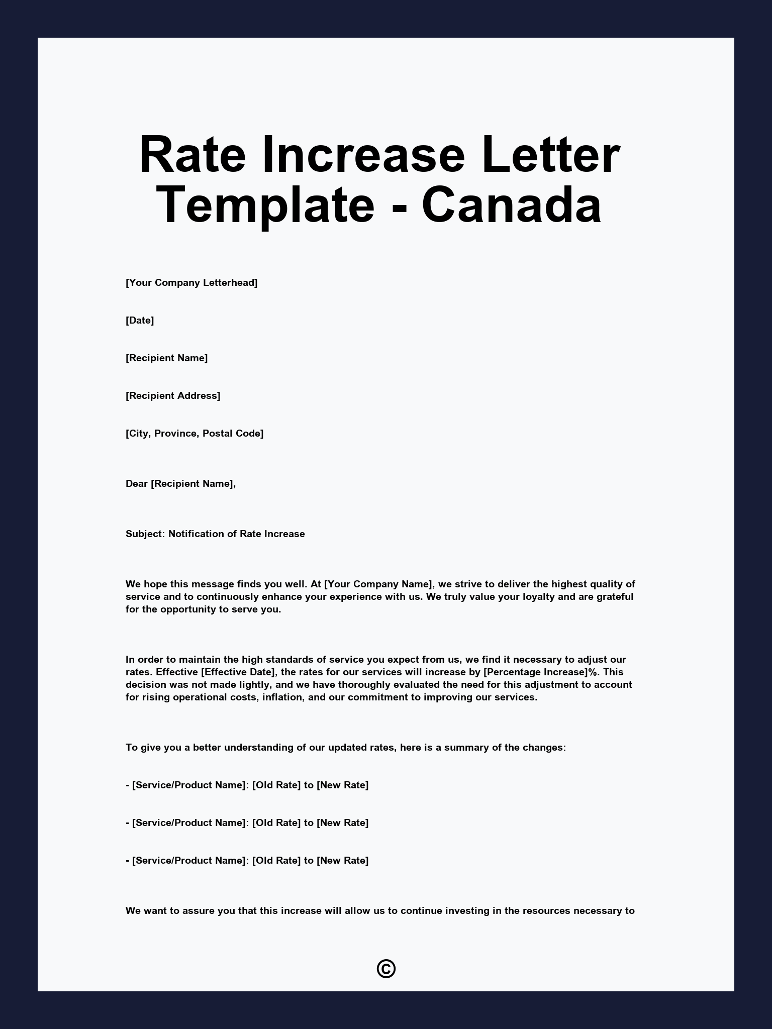 Rate Increase Letter Template - Canada
