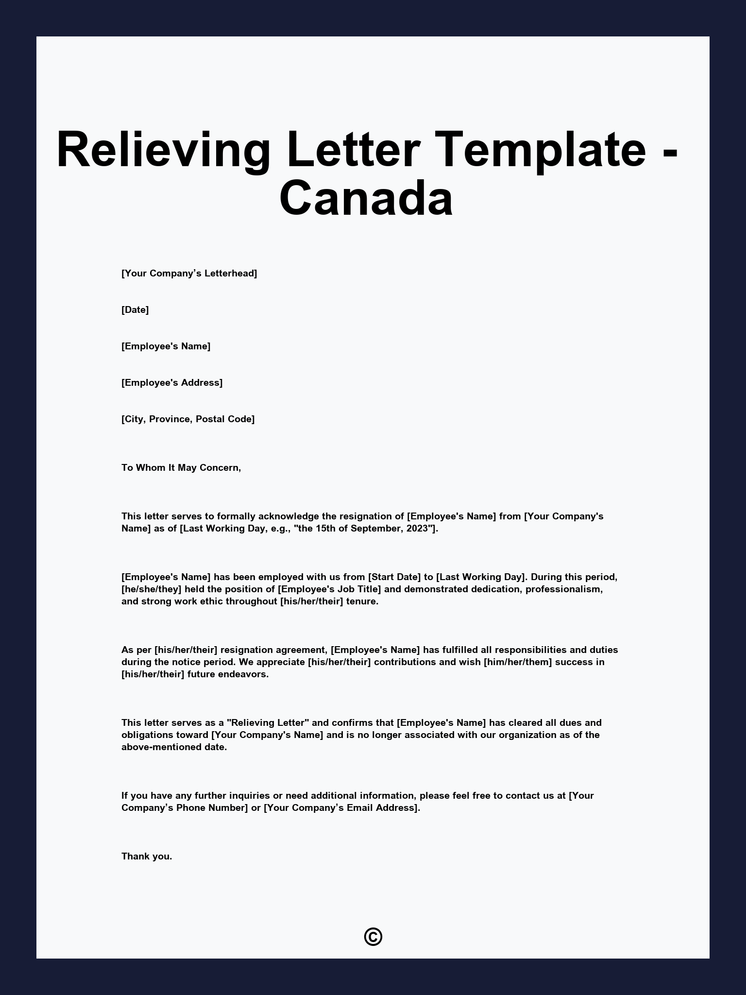 Relieving Letter Template - Canada