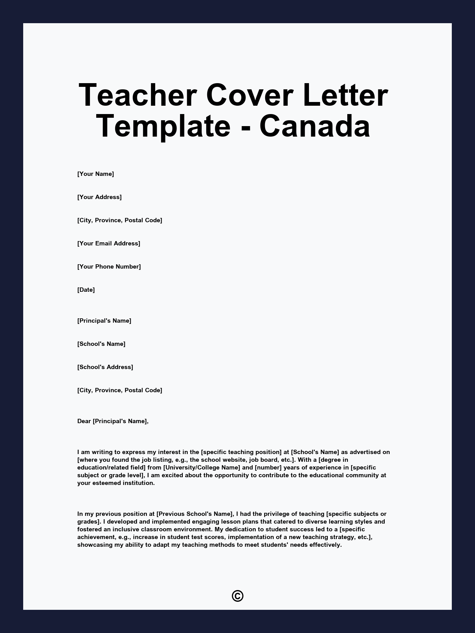 Teacher Cover Letter Template - Canada