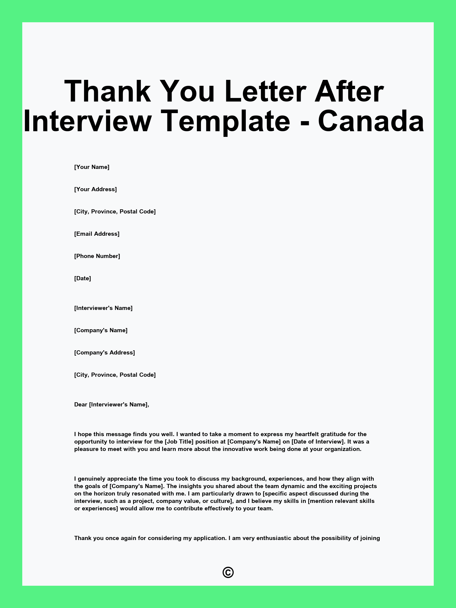 Thank You Letter After Interview Template - Canada