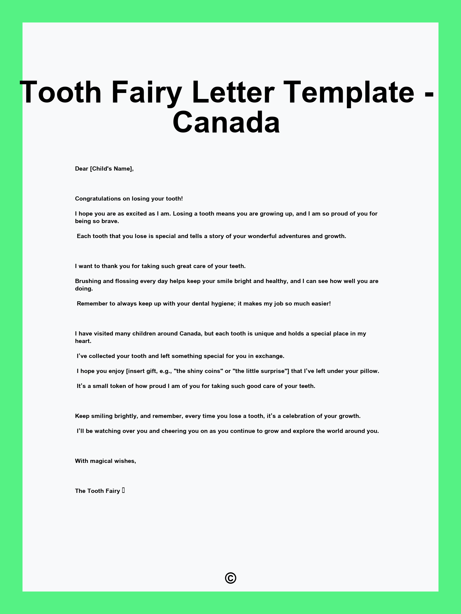 Tooth Fairy Letter Template - Canada