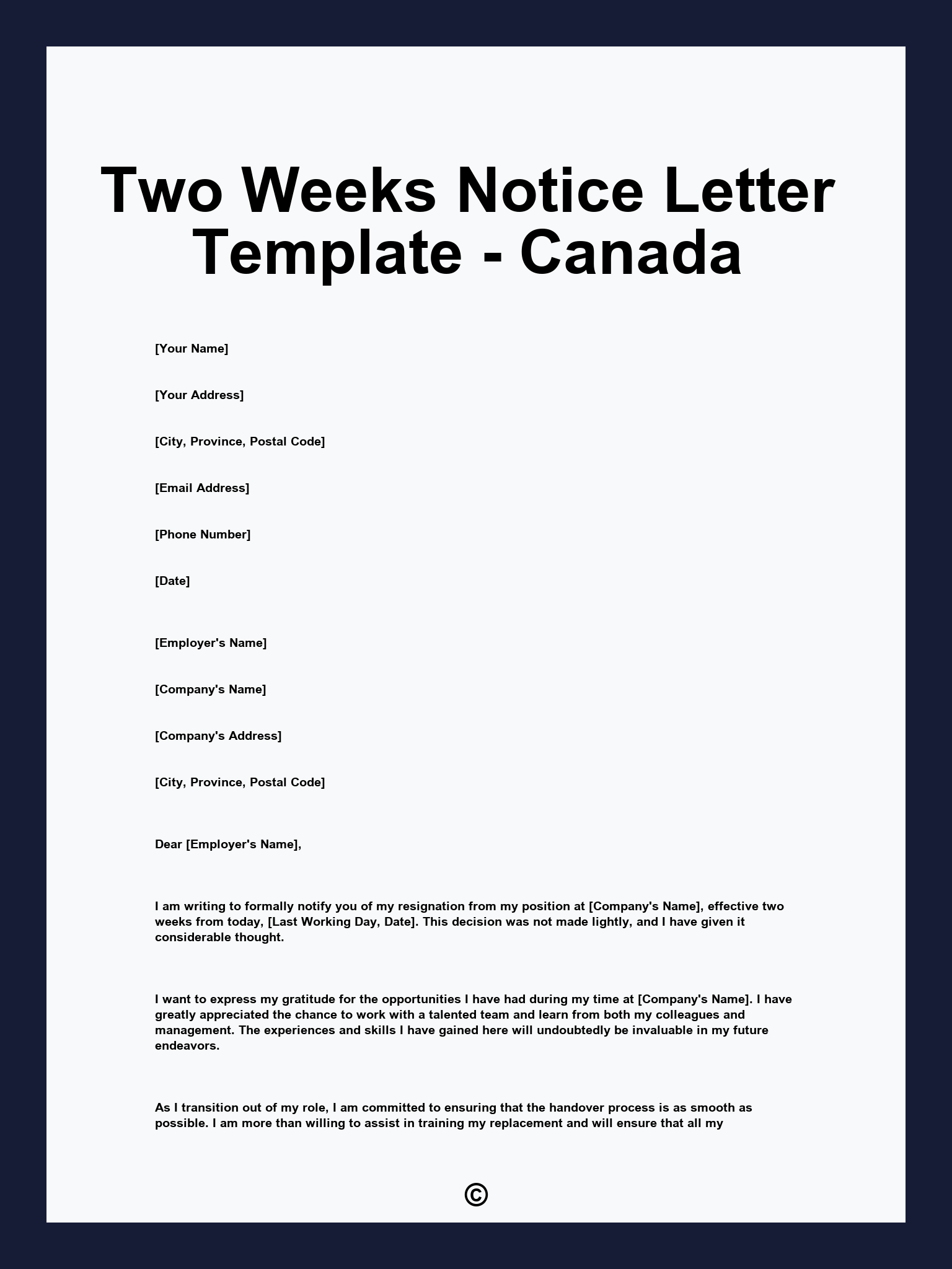 Two Weeks Notice Letter Template - Canada